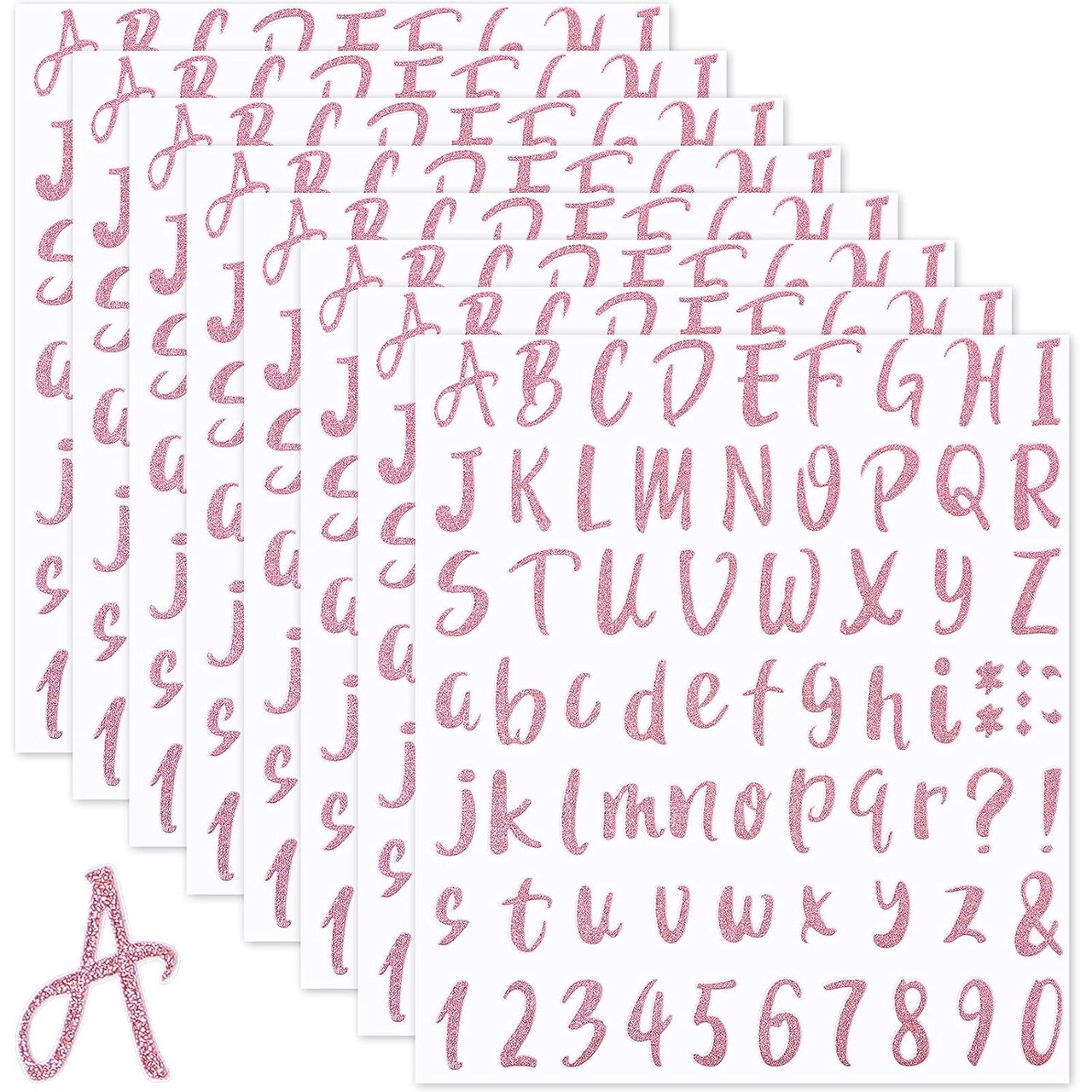 576 Pieces 8 Sheets Glitter Letters Stickers Self Adhesive Vinyl (Pink, 1 Inch)